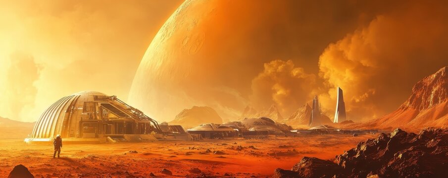 Futuristic Martian landscape with domed habitat and astronaut, showcasing Mars colonization concept beneath a giant planet and orange skies.