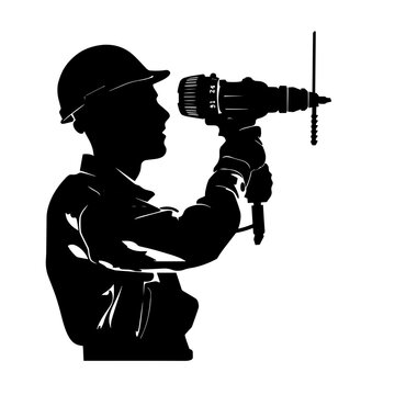 black silhouette worker drilling