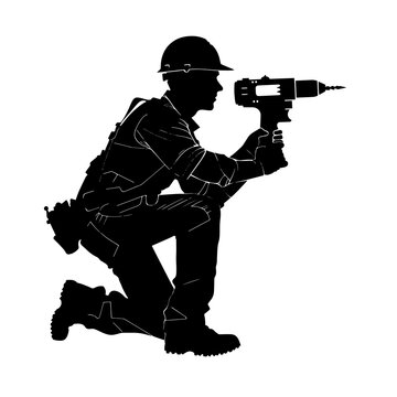 black silhouette construction worker drilling