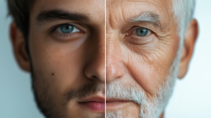Split face image showing contrast between 30 and 60 age