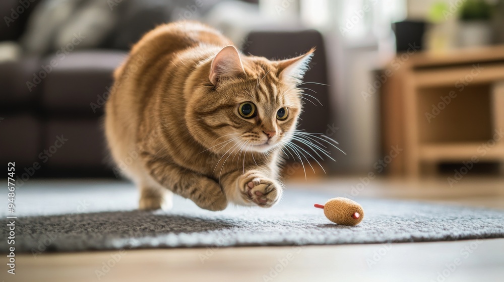 Poster a rotund cat attempting to chase a toy mouse, its round body moving in slow, determined motions acro
