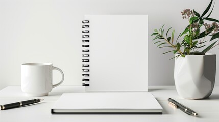 A plain notebook or binder mockup with a blank cover, set on a white desk. Minimalist stationery