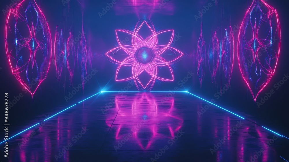 Poster futuristic neon-lit room with glowing floral patterns and reflections, creating a vibrant and mesmer