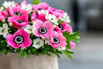 Obraz premium Linen sack filled with pink anemones and delicate white filler flowers, creating a fresh and bright floral arrangement, pink flowers sack, bright anemone bouquet