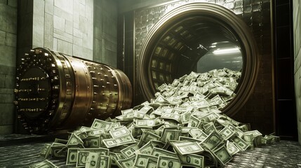 A bank vault overflowing with stacks of cash in a dimly lit room showcasing wealth and security