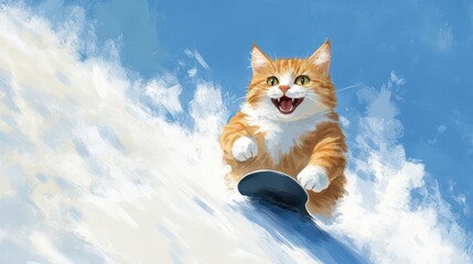 A cat riding a snowboard down a slope, with a big smile on its face and a trail of snow behind it