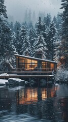 Fototapeta premium A small cabin is surrounded by trees and a body of water