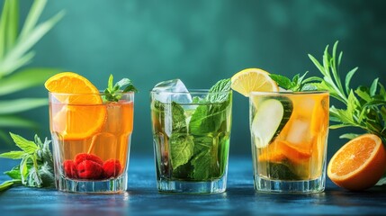 Fototapeta premium promote a healthy detox routine with an elegant selection of detox cocktails in glassware on a banner showcasing the wellness trend concept