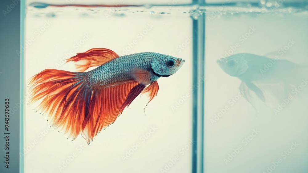 Poster A serene image of a betta fish in a glass tank, with the tank's clear sides and a white background creating a crisp and clear view of the fish's features