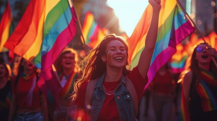 Obraz premium Pride Month . A scene of LGBTQIA protestors marching for equality and justice, their determination and unity visible in their expressions and actions.