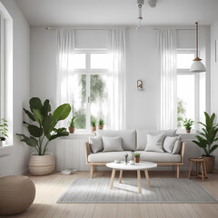 Living room interior in beige colors with six white frame. 3d rendering. Modern living room