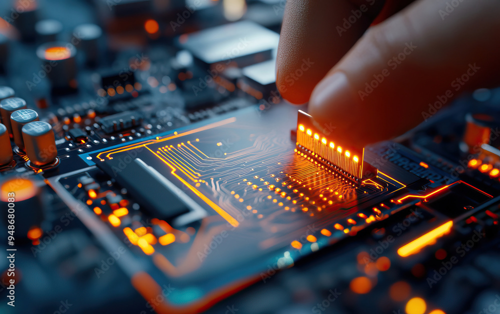 Poster a close-up of a hand placing a circuit component on a glowing electronic circuit board, showcasing i