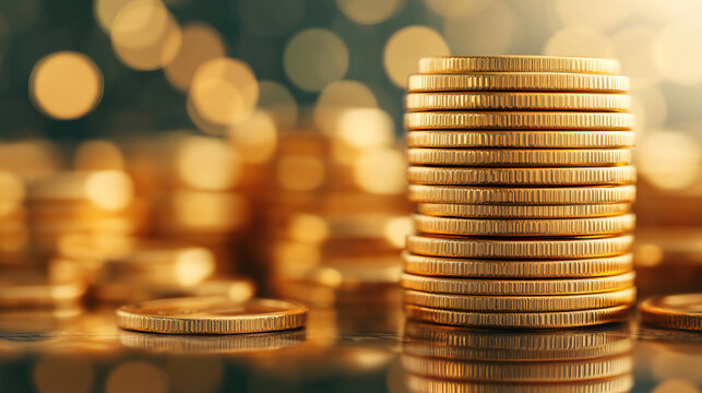 A close-up view of a stack of golden coins reflecting soft light, symbolizing wealth and financial growth.