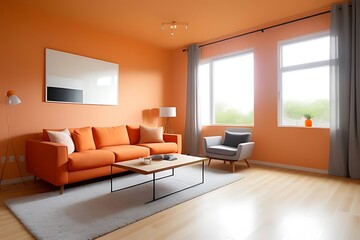 Fototapeta premium Modern living room with orange worn-effect wall.