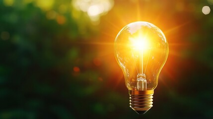 A glowing light bulb illuminates a bright background, symbolizing creativity, innovation, and inspiration in a natural setting.