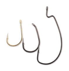 Fishing hooks isolated on white, top view