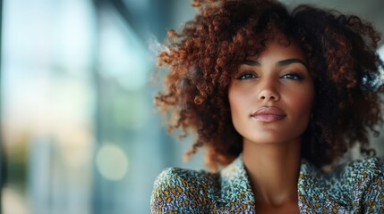 This image highlights a woman with natural curly hair looking confidently ahead, set against a softly focused background. Her calm and assured expression draws attention to her natural beauty.