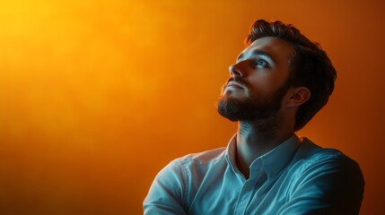 Obraz premium scientist in thinking pose isolated on orange background 