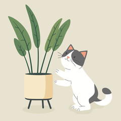 Cute Cartoon Flat Vector Cat Reaching for a Potted Plant. Vector Illustration for Cat Lovers. Pet Kitten Home Life Design Template