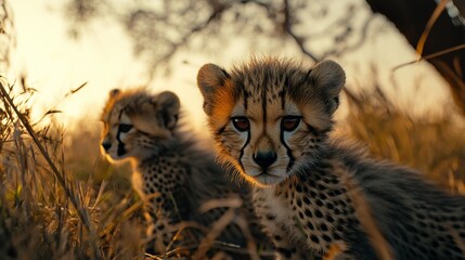 Obraz premium Adorable Cheetah Cubs in Golden Grassland at Sunset