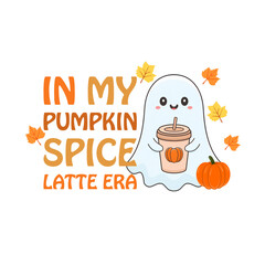 Naklejka premium Cute ghost drinking pumpkin spice latte 