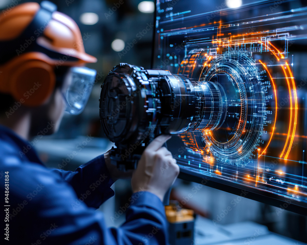 Poster a technician interacts with a high-tech interface, showcasing the integration of technology and engi