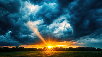 Naklejka premium A stunning sunset over a field, with vibrant colors illuminating a dramatic sky filled with clouds.