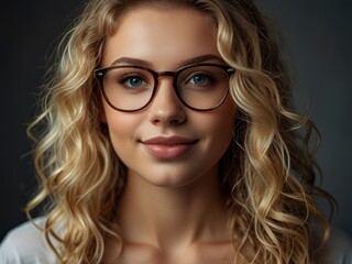 Obraz premium Confident young blonde model with glasses, curly hair, smiling indoors 