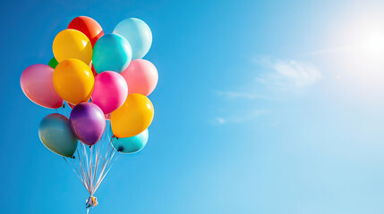 Obraz premium A vibrant collection of colorful balloons floating against a clear blue sky, symbolizing joy and celebration.