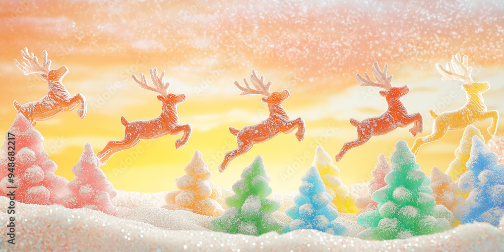 Wall mural Gummy reindeer and colorful trees in a pastel sky, playful and festive holiday atmosphere
