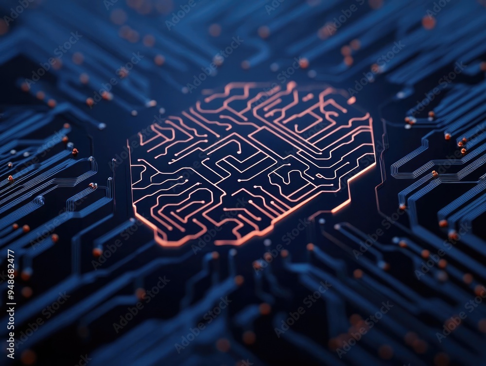 Aufkleber close-up view of a digital circuit board featuring intricate patterns, showcasing advanced technolog