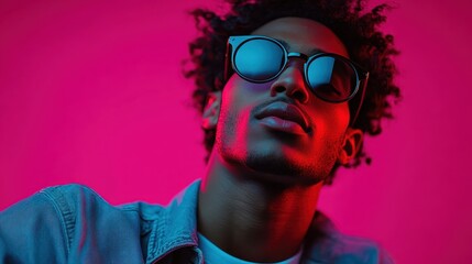 A person with curly hair in a vibrant setting illuminated by a striking pink light, creating a bold and dynamic atmosphere, with an air of contemporary style.