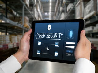 Cyber security system on computer screen protect private information snugly from hacker and cyber attack