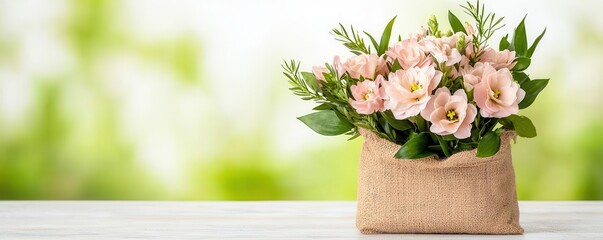 A rustic sack filled with soft pink lisianthus and greenery, perfect for a simple and natural floral display, pink flowers sack, natural lisianthus bouquet