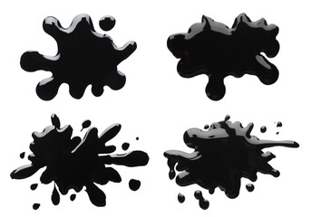 Blots of black printer ink on white background, set. Top view
