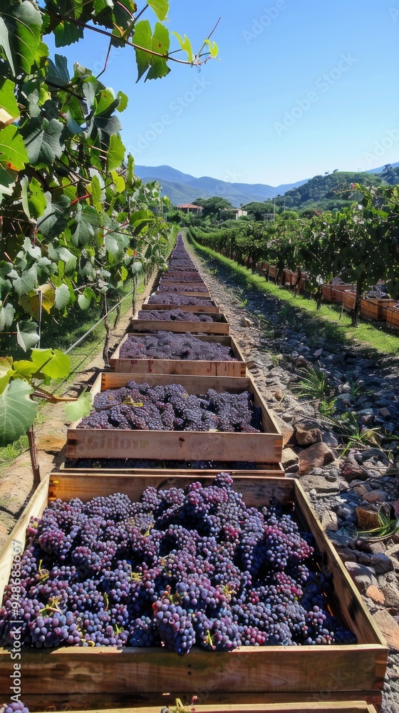 Poster a row of wooden crates filled with grapes