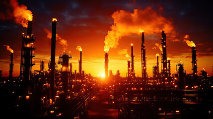 Fototapeta premium Industrial skyline at sunset, showcasing smokestacks emitting gases against a dramatic orange sky, symbolizing energy production.