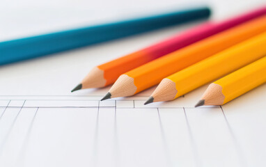 Obraz premium Multi-colored pencils arranged neatly on a drawing sheet, ideal for art and education themes.