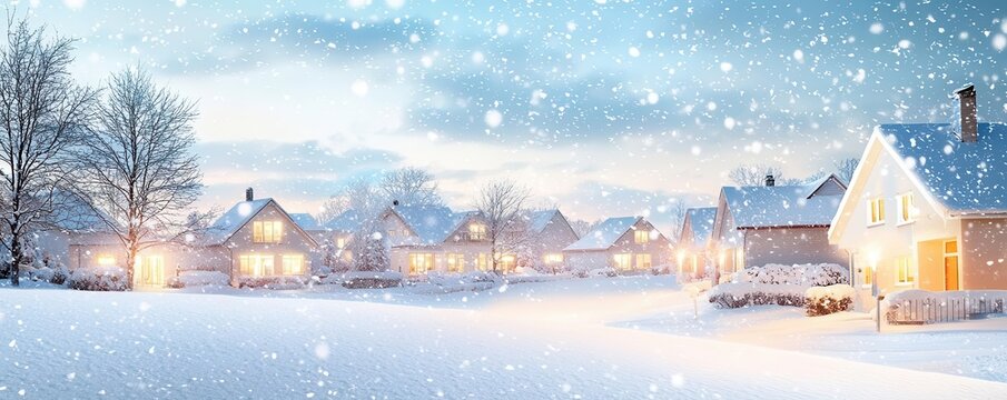 Snowy winter landscape with charming houses illuminated in the evening, a serene and magical atmosphere with falling snowflakes. - Powered by Adobe
