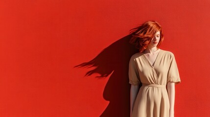 A striking image of a woman with red hair leaning against a bright red wall, wearing a beige dress, capturing a moment of stillness and artistic expression.