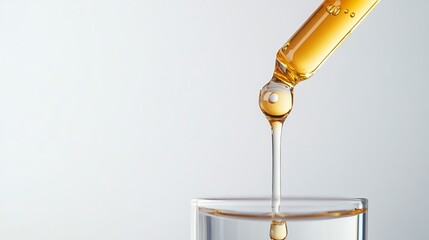 A clear pipette filled with essential oil is held over a white background. Oil drips from the pipette's tip. 