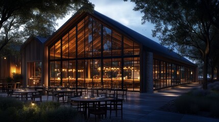 Obraz premium A modern restaurant exterior featuring large glass windows and outdoor seating illuminated during evening hours