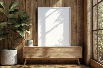 Poster Frame Mockup on Wooden Interior Background created with Generative AI