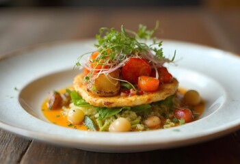 Artfully Plated Gourmet Vegetable Dish with Fresh Herbs and Sauce