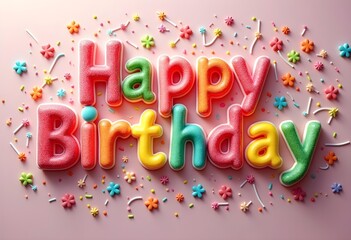 Colorful Happy Birthday Typography with Festive Sprinkles and Flowers