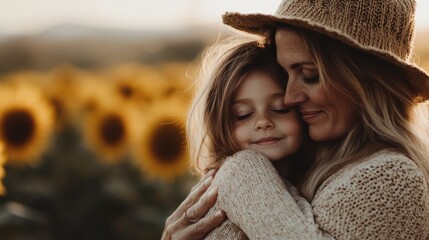 A heartfelt scene of a mother embracing her young daughter in a sunflower field, exuding warmth, family love, and togetherness on a sunny day.