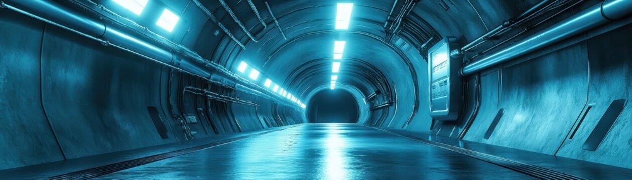 Futuristic tunnel with blue lighting, showcasing sci-fi design and technology. Perfect for projects involving future concepts and innovation.