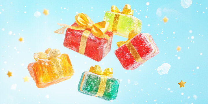 Flying gummy sugary christmas gift in the sky, festive christmas art