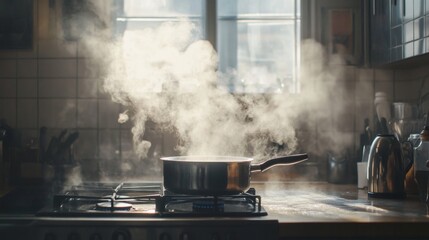 A steam-filled kitchen with a pot on the stove, capturing the mist rising from the boiling water and the dynamic motion of cooking.