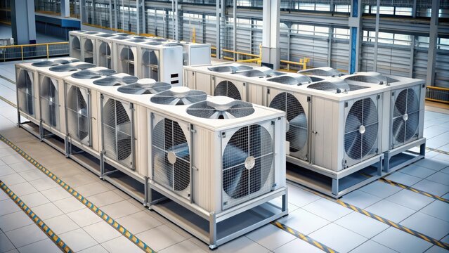 Industrial large air conditioner condensing unit with VRF units in a factory setting, isometric , factory, commercial